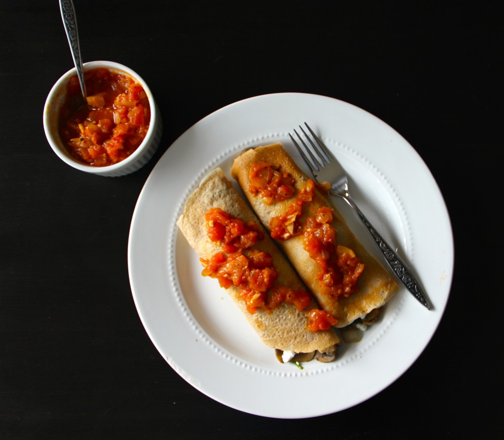 Spinach & Mushroom Crepes with Balsamic Tomato Jam