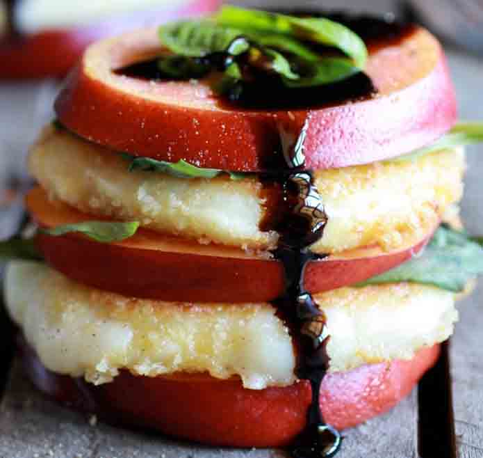 Tom's Fried Mozzarella, Nectarine and Basil Stacks