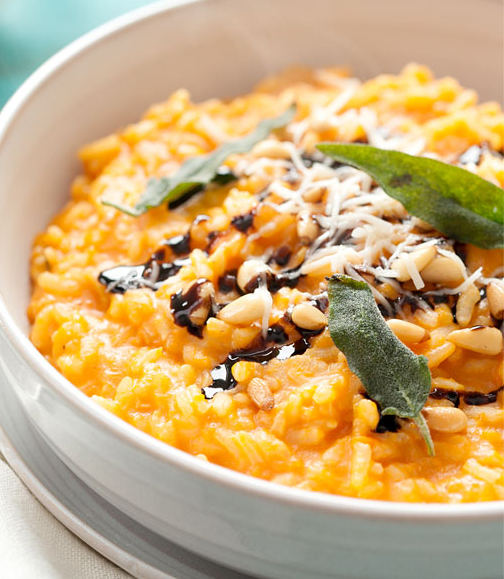 Butternut Squash Risotto with Pine Nuts, Balsamic Drizzle, and Fried Sage