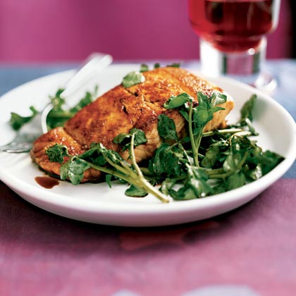 Tom's Wilted Watercress Salmon with Balsamic Drizzle